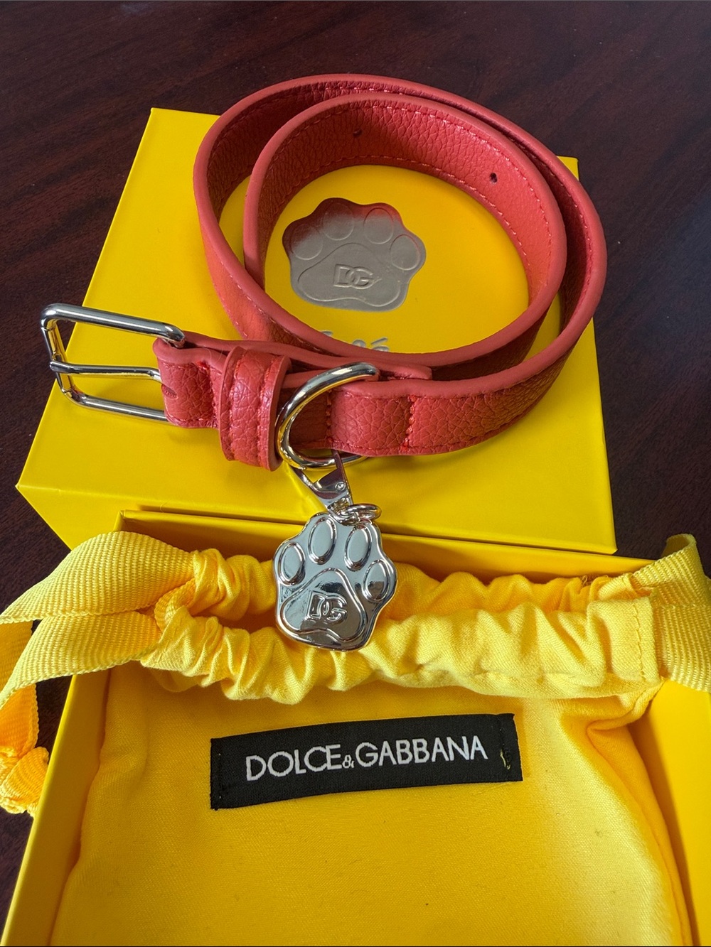 Dolce & Gabbana Coral Red Leather Wrap Bracelet with Paw Charm